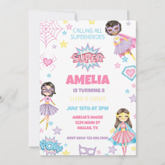 Invitación de cumpleaños de superhéroe rosa chica