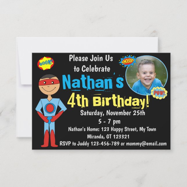 Invitación de cumpleaños de superhéroes (Anverso)