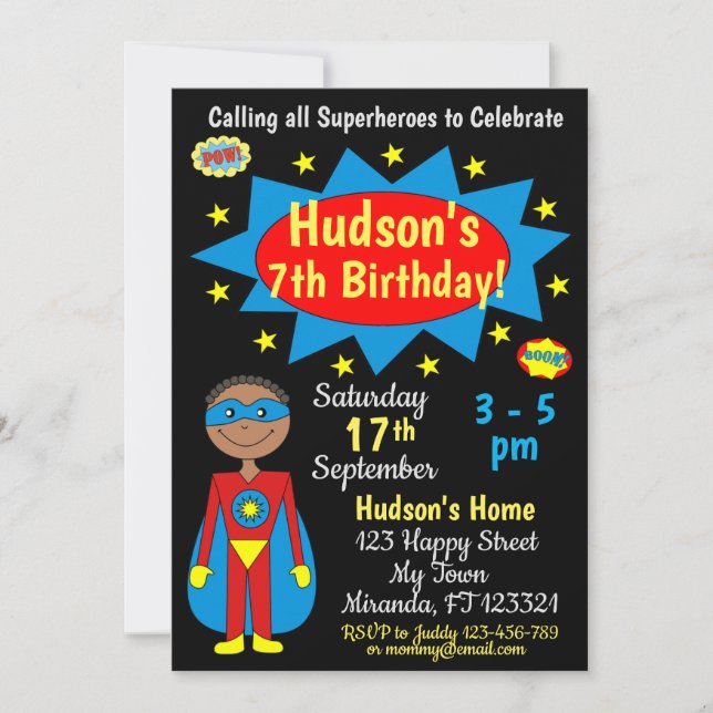 Invitación de cumpleaños de superhéroes (Anverso)