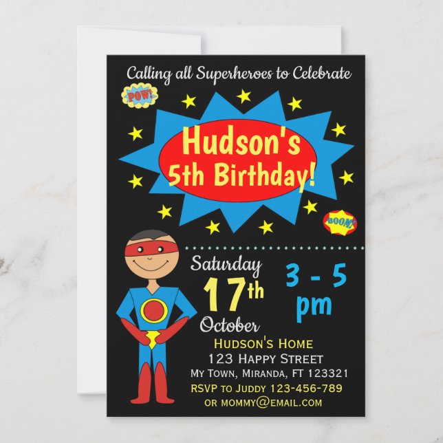 Invitación de cumpleaños de superhéroes (Anverso)