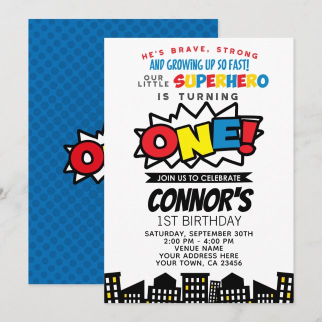 Invitación de cumpleaños de superhéroes (Anverso / Reverso)