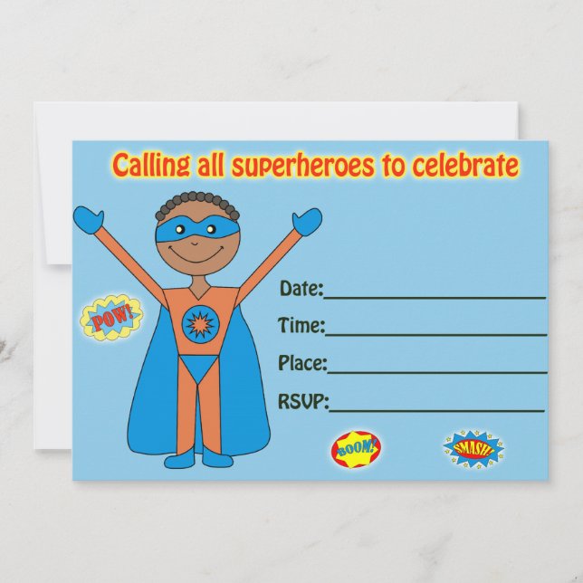 Invitación de cumpleaños de superhéroes rellena en (Anverso)
