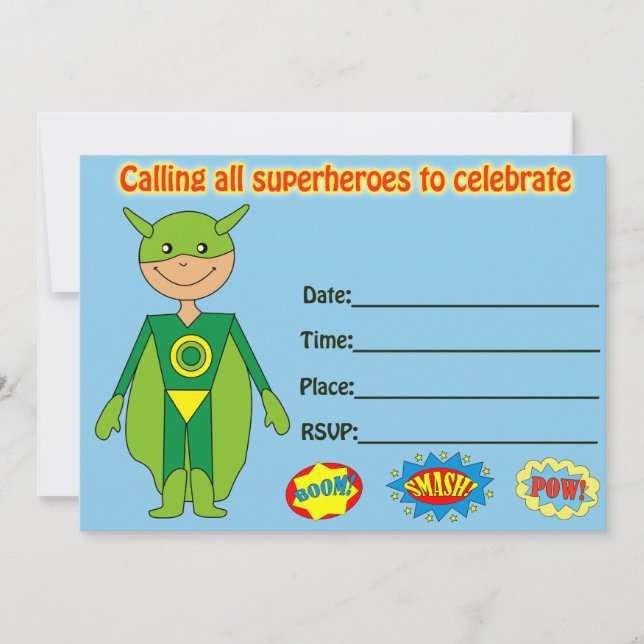 Invitación de cumpleaños de superhéroes rellena en (Anverso)