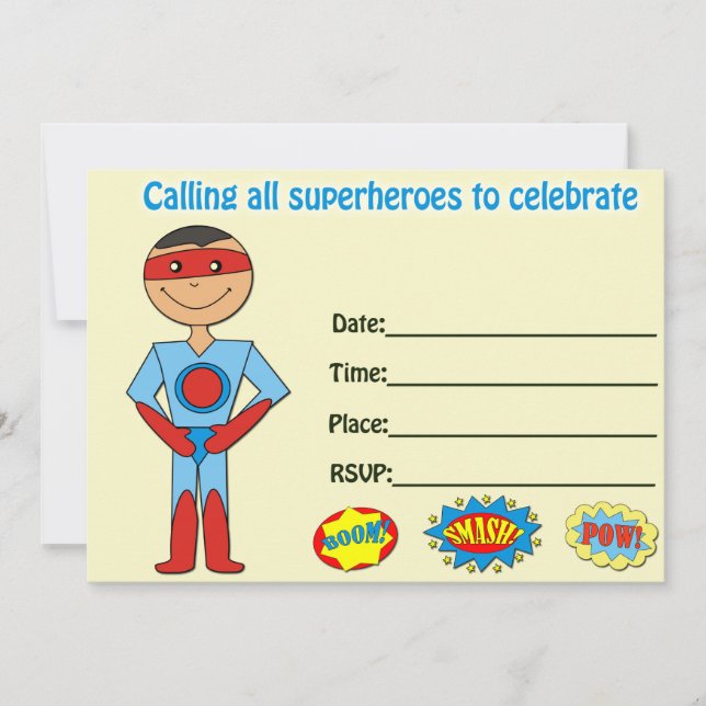 Invitación de cumpleaños de superhéroes rellena en (Anverso)
