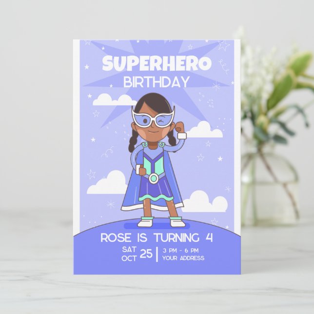 invitación de cumpleaños de superheroína, cumpleañ (Anverso de pie)