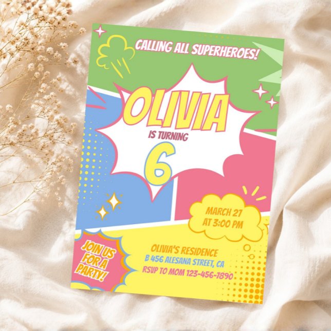 Invitación de cumpleaños de superheroína pastel ro (Girl Superhero Birthday Invitation Pastel Pink)