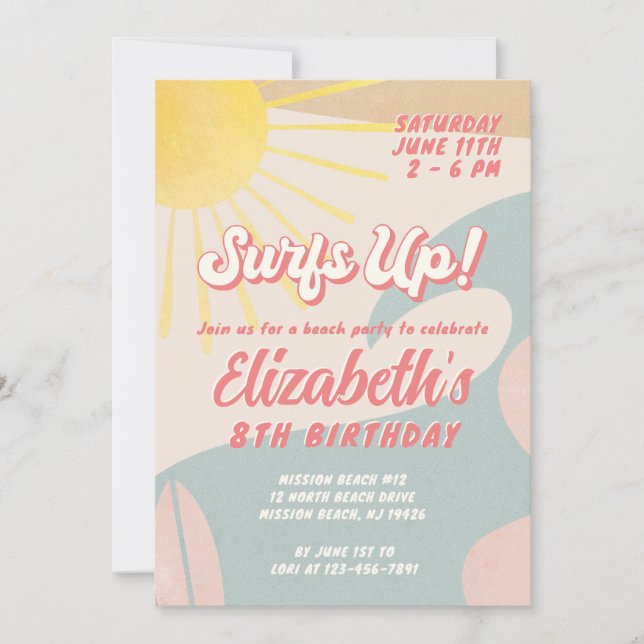 Invitación de cumpleaños de Surf a cualquier Chica (Anverso)