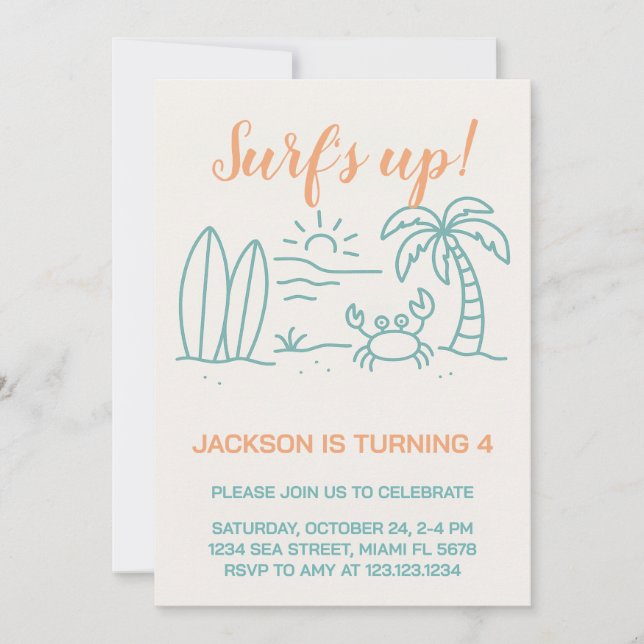 Invitación de cumpleaños de Surf editable (Anverso)
