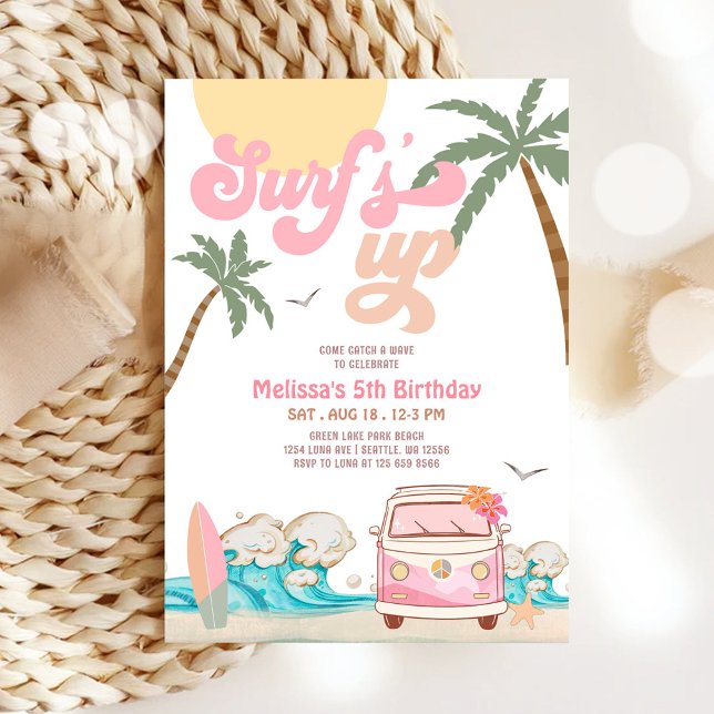 Invitación de cumpleaños de surf rosa para cualqui (Subido por el creador)