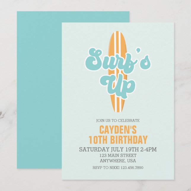Invitación de cumpleaños de Surf's Up Surfboard Be (Anverso / Reverso)