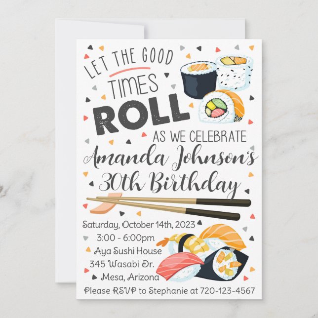 Invitación de cumpleaños de sushi, invitación de s (Anverso)