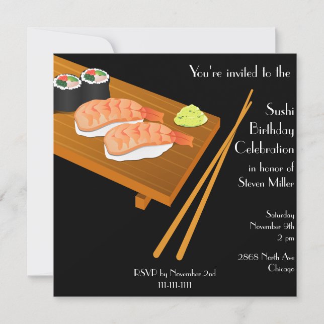 Invitación de cumpleaños de sushi negro (Anverso)