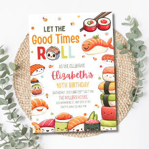 Invitación de cumpleaños de sushi, tema de comida 