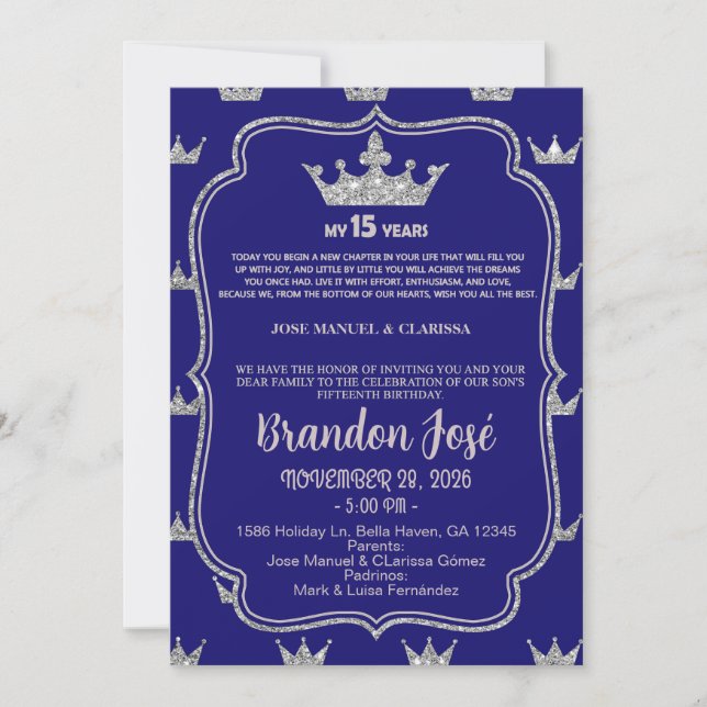 Invitación de cumpleaños de Sweet 15 niño, azul y  (Anverso)