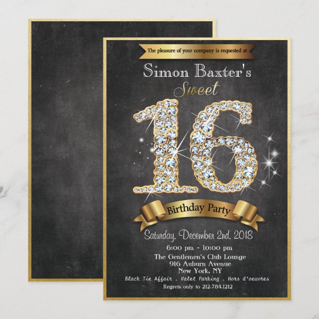 Invitación de cumpleaños de Sweet 16 con diamantes (Anverso / Reverso)