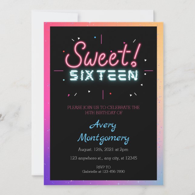 Invitación de cumpleaños de Sweet 16 con neón bril (Anverso)