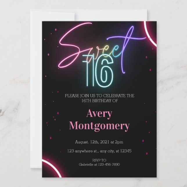 Invitación de cumpleaños de Sweet 16 con neón bril (Anverso)