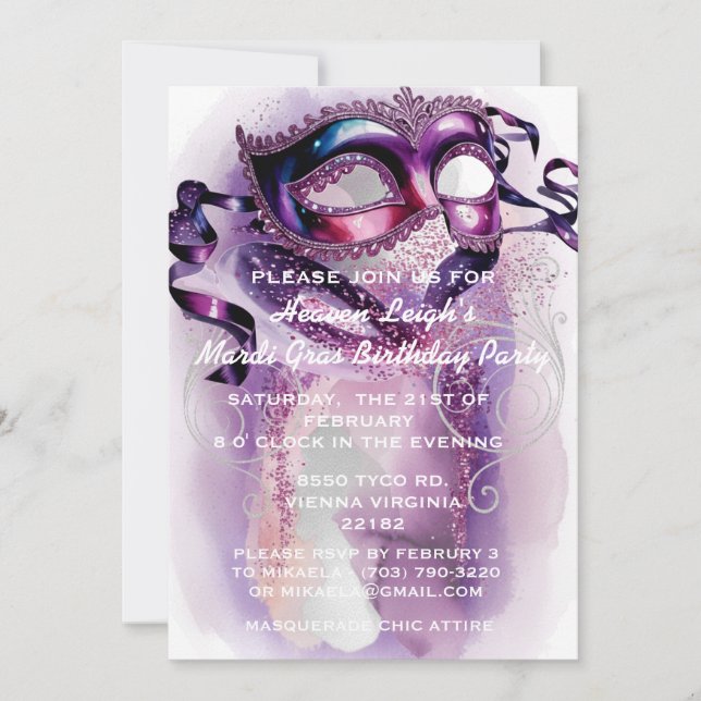 Invitación de cumpleaños de Sweet 16 de Mardi Gras (Anverso)