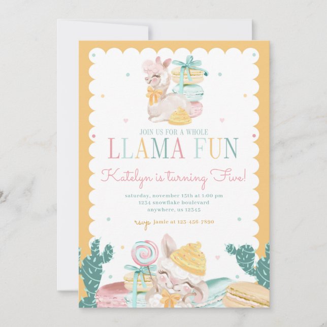 Invitación de cumpleaños de Sweet Llama Pastel con (Anverso)