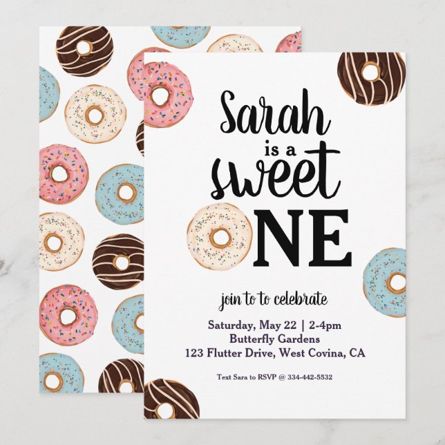 Invitación de cumpleaños de Sweet One Donut (Anverso / Reverso)