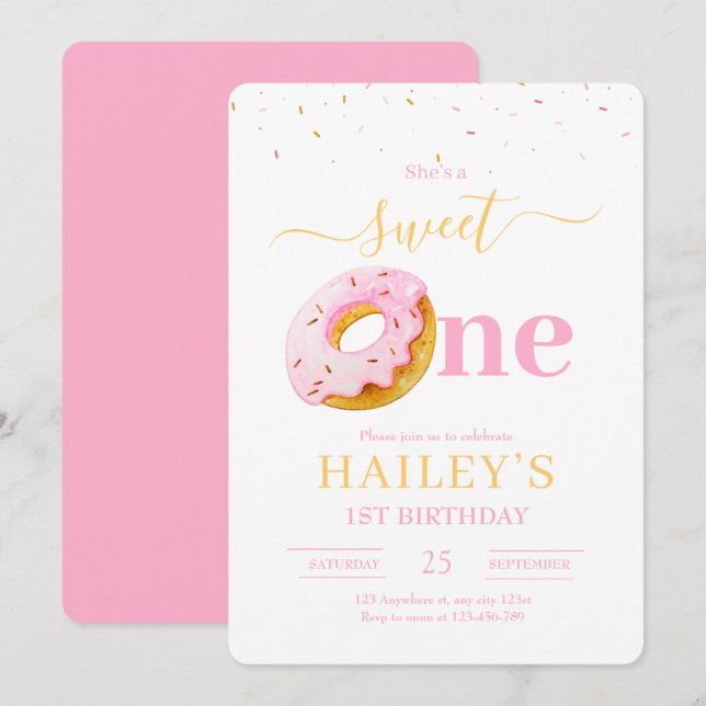 Invitación de cumpleaños de Sweet One Donuts, Chic (Anverso / Reverso)