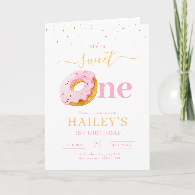 Invitación de cumpleaños de Sweet One Donuts, niña (Anverso)