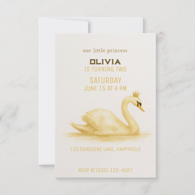 invitación de cumpleaños de Sweet Swan Princess co (Anverso)
