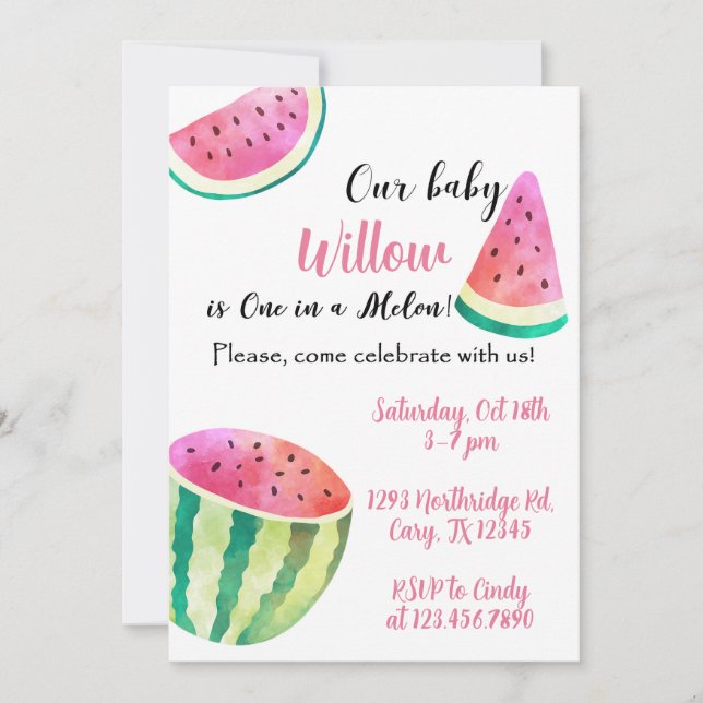 Invitación de cumpleaños de Sweetie One in a Melon (Anverso)
