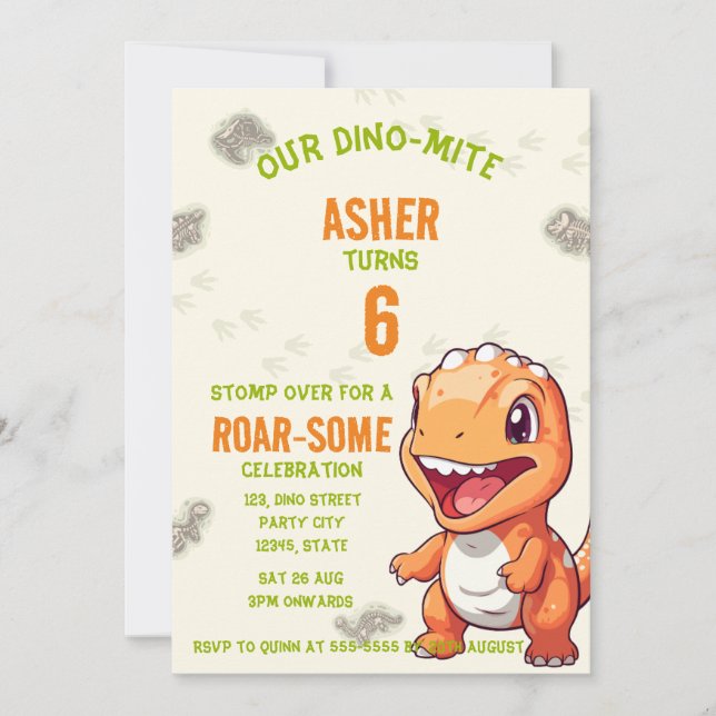Invitación de cumpleaños de T-Rex de dinosaurio na (Anverso)