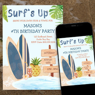 Invitación de cumpleaños de tabla de surf para niñ