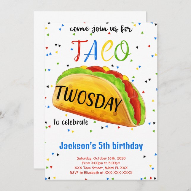 Invitación de cumpleaños de taco editable (Anverso / Reverso)