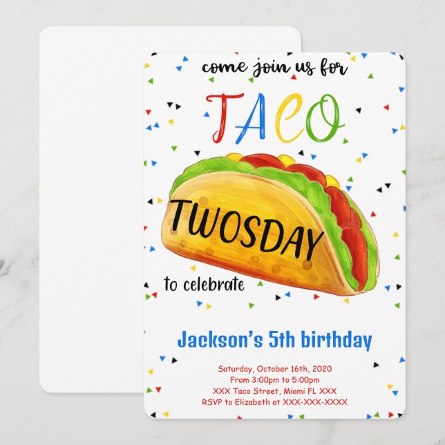 Invitación de cumpleaños de taco editable (Anverso / Reverso)