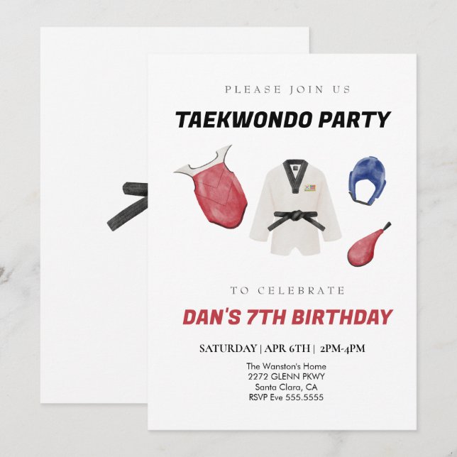Invitación de cumpleaños de Taekwondo (Anverso / Reverso)