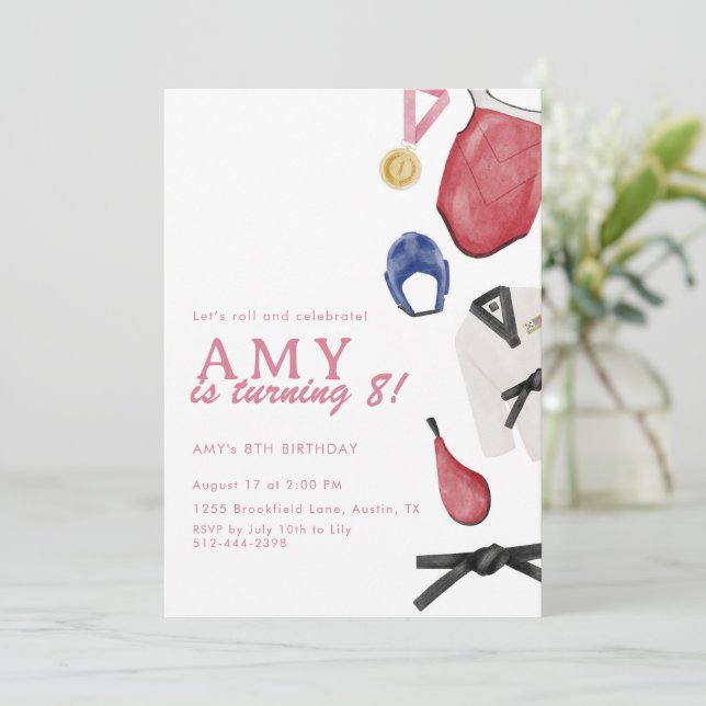 Invitación de cumpleaños de taekwondo niña artes m (Anverso de pie)