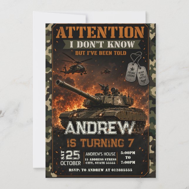 Invitación de cumpleaños de tanque militar persona (Anverso)