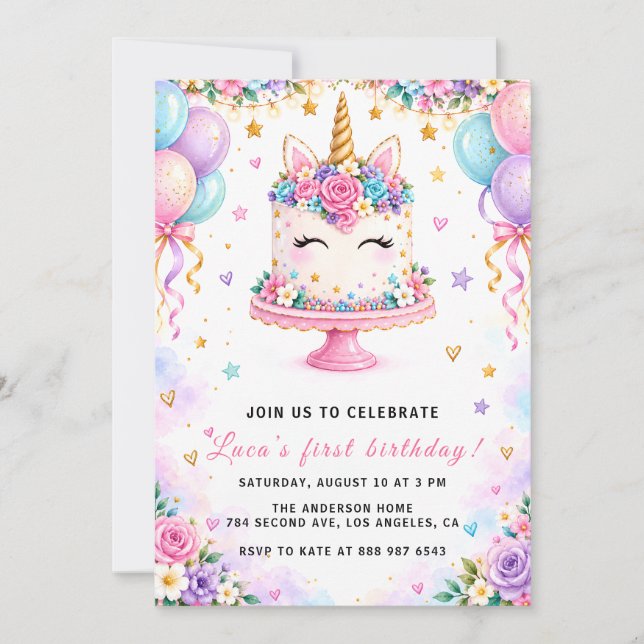 Invitación de Cumpleaños de Tarta de Arcoíris para (Anverso)