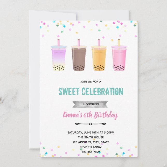 Invitación de cumpleaños de té de leche con boba (Anverso)