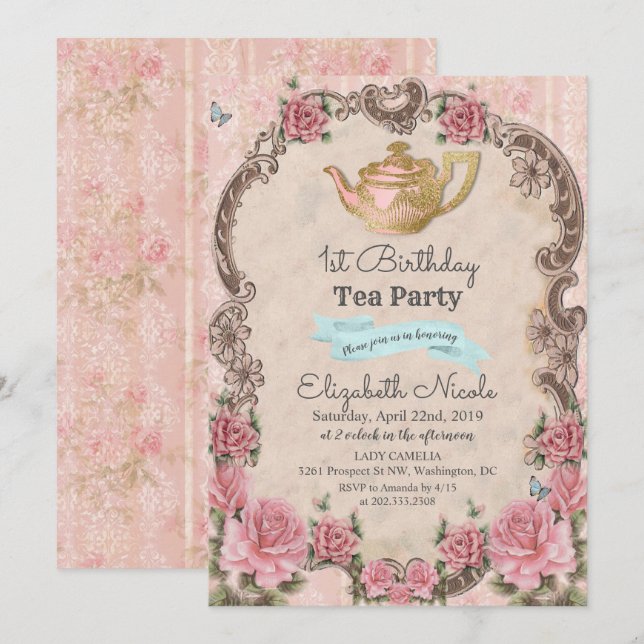 INVITACIÓN DE CUMPLEAÑOS DE TÉ FLORAL ANTIGUO PARA (Anverso / Reverso)