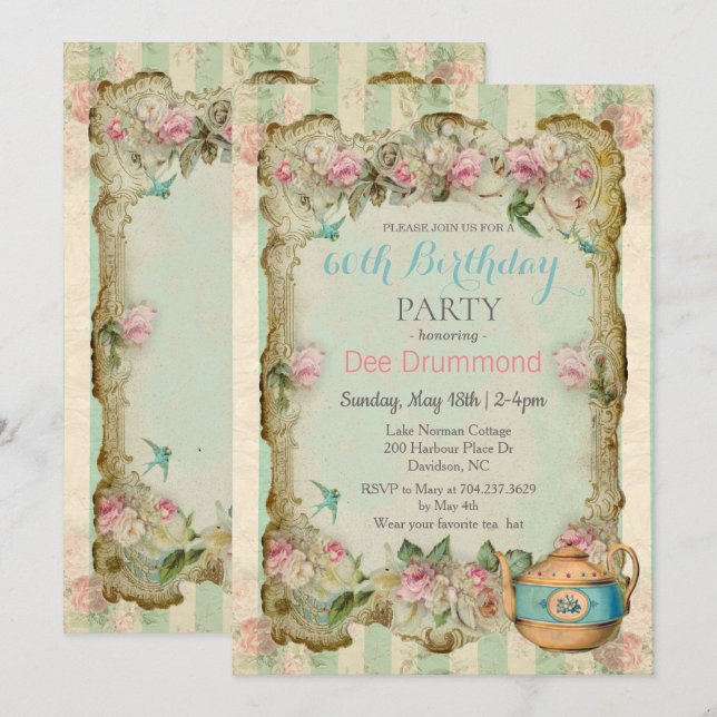 INVITACIÓN DE CUMPLEAÑOS DE TÉ FLORAL ANTIGUO PARA (Anverso / Reverso)