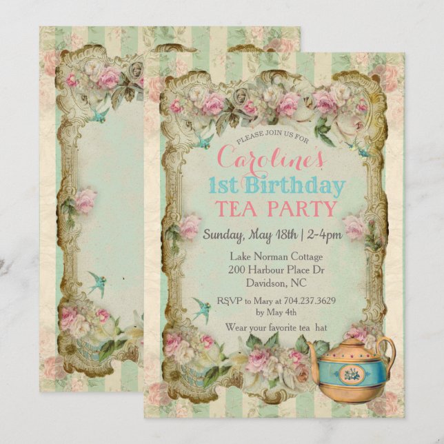 INVITACIÓN DE CUMPLEAÑOS DE TÉ FLORAL ANTIGUO PARA (Anverso / Reverso)