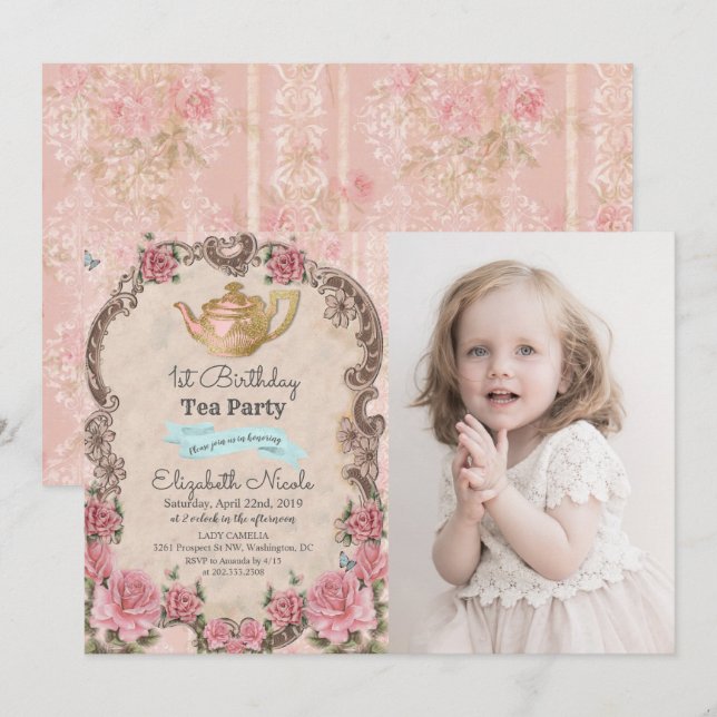 INVITACIÓN DE CUMPLEAÑOS DE TÉ FLORAL ANTIGUO PARA (Anverso / Reverso)