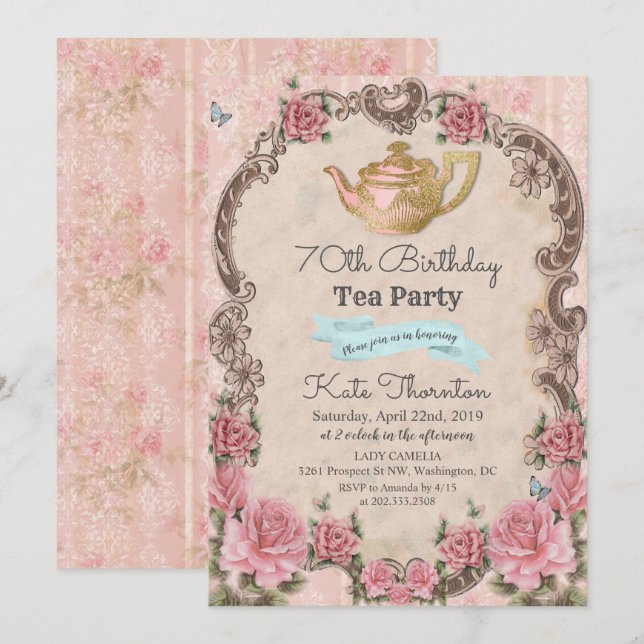 INVITACIÓN DE CUMPLEAÑOS DE TÉ FLORAL ANTIGUO PARA (Anverso / Reverso)
