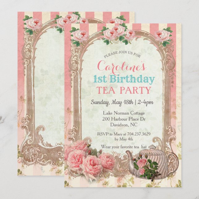 INVITACIÓN DE CUMPLEAÑOS DE TÉ FLORAL ANTIGUO PARA (Anverso / Reverso)
