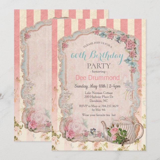 INVITACIÓN DE CUMPLEAÑOS DE TÉ FLORAL ANTIGUO PARA (Anverso / Reverso)