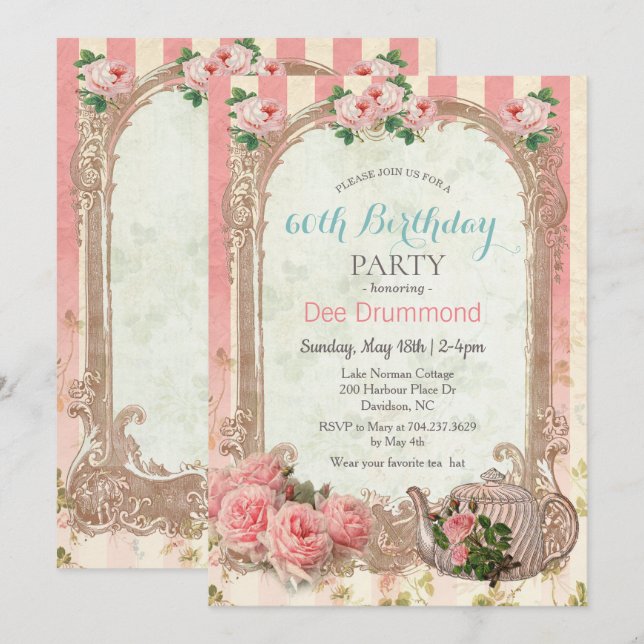 INVITACIÓN DE CUMPLEAÑOS DE TÉ FLORAL ANTIGUO PARA (Anverso / Reverso)