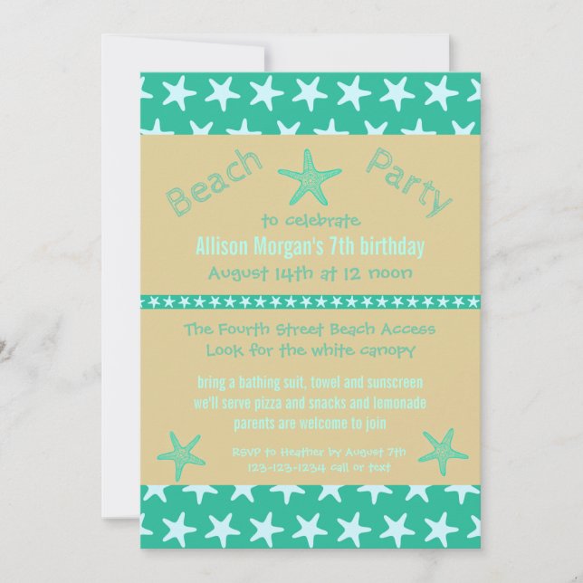 Invitación de cumpleaños de Teal Starfish Beach (Anverso)