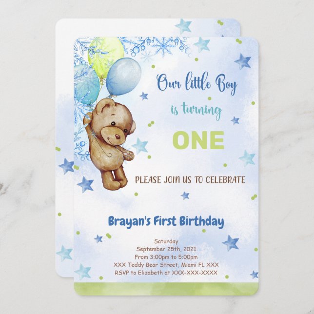 Invitación de cumpleaños de Teddy Bear (Anverso / Reverso)