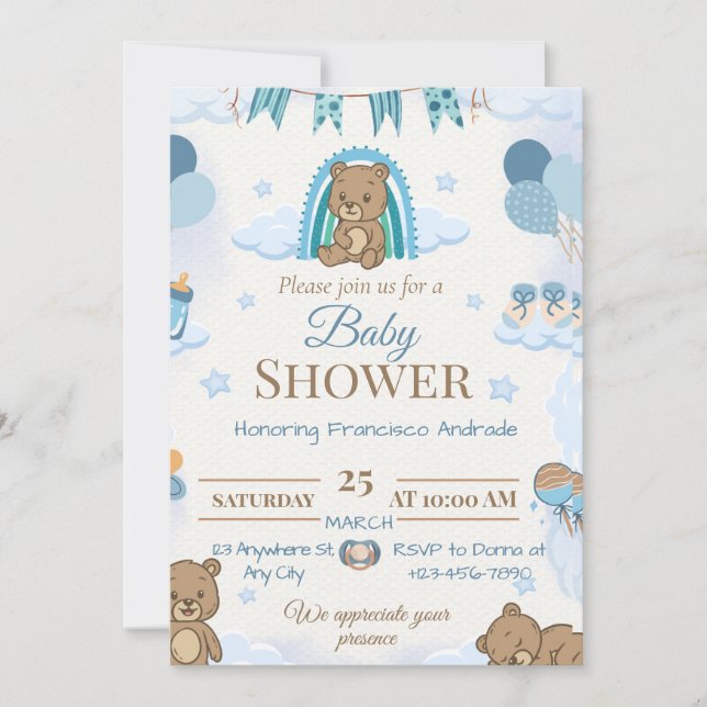 Invitación de Cumpleaños de Teddy Bear Azul para B (Anverso)