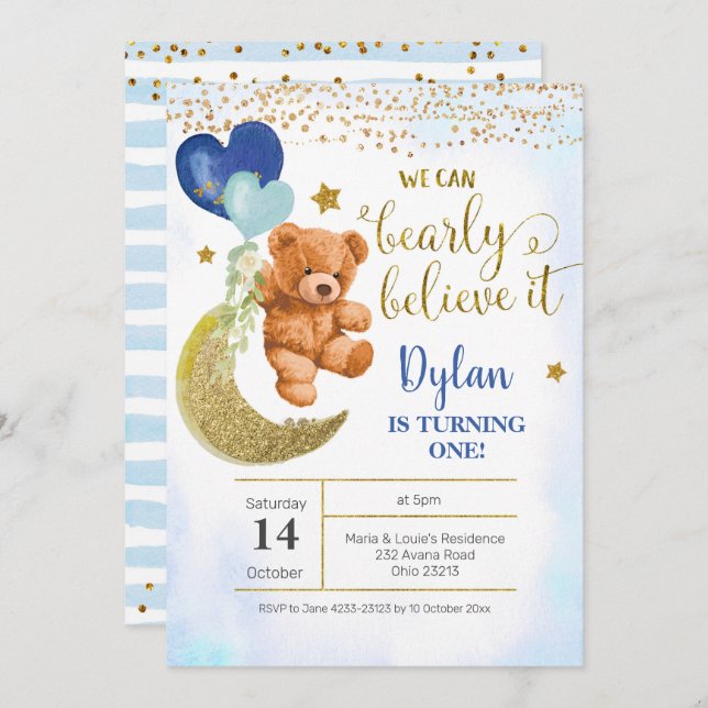 Invitación de cumpleaños de Teddy Bear Blue Balloo (Anverso / Reverso)