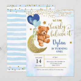 Invitación de cumpleaños de Teddy Bear Blue Balloo